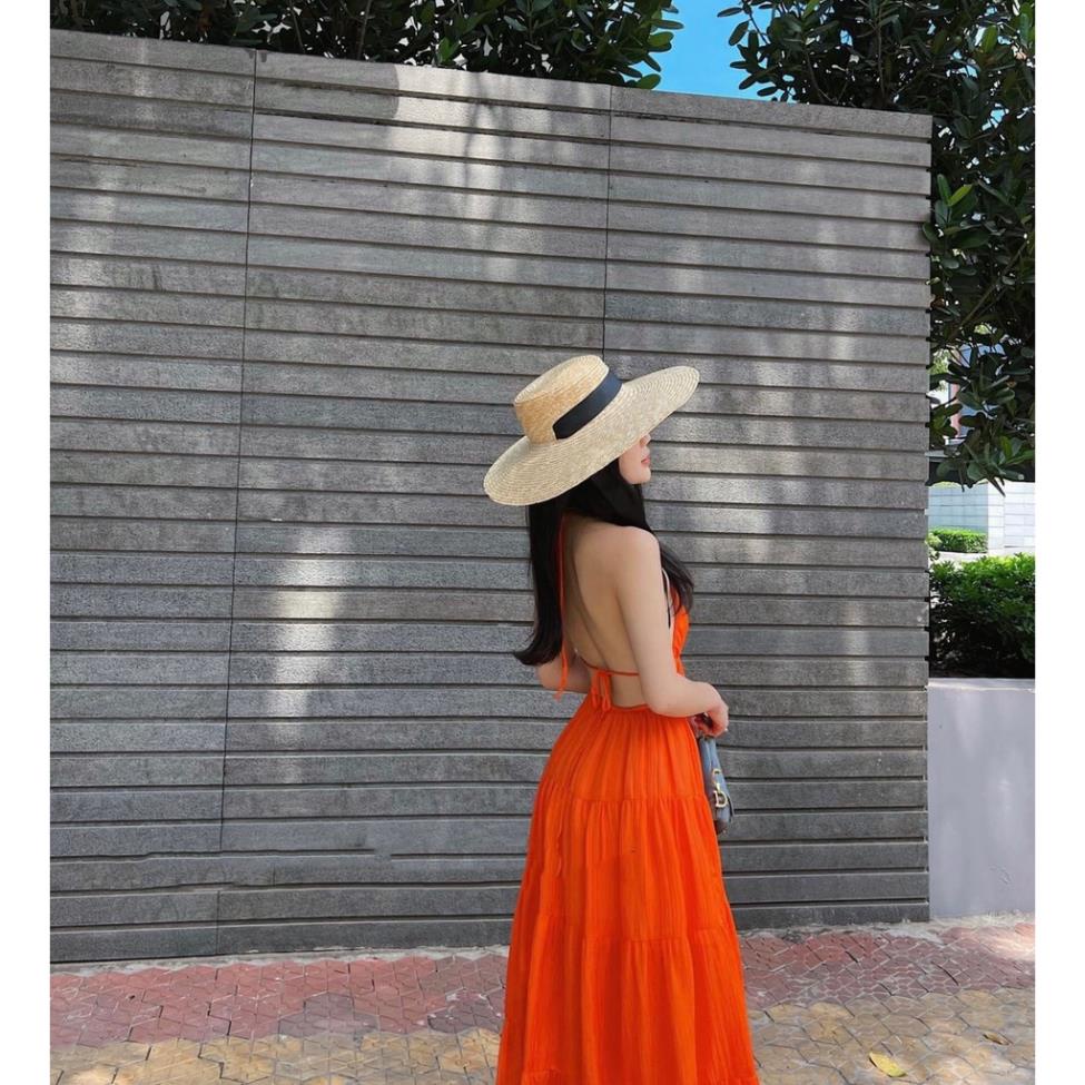 Đầm maxi cam 3 tầng hở lưng chất đũi tơ có cup ngực
