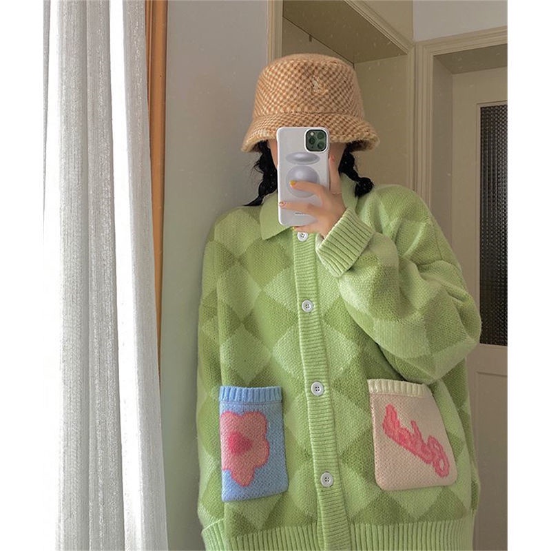 Áo khoác cardigan dệt kim dáng rộng kẻ sọc đính đá dễ thương
