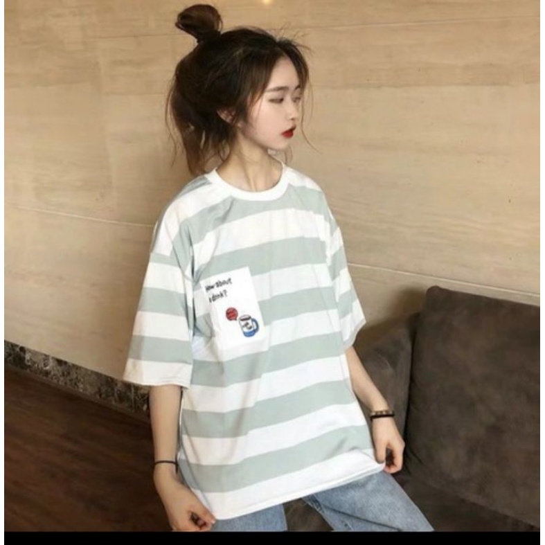 Áo thun nữ kẻ sọc xám trắng