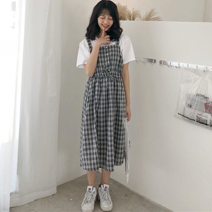 Váy yếm kẻ caro 2 dây có dây buộc eo / Váy yếm caro babydoll bánh bèo tiểu thư siêu xinh | BigBuy360 - bigbuy360.vn