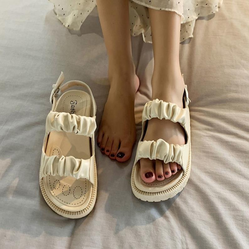 Dép sandal da ulzzang đế bánh mì hai quai nữ tính