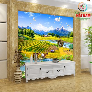 Tranh dán tường 3D phong cảnh làng quê - Vải lụa -kích thước theo yêu cầu