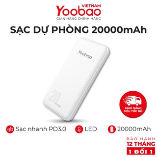 Sạc dự phòng 20000mAh Yoobao D20 Sạc nhanh 2 chiều PD2.0 công suất 20W - Hàng chính hãng - Bảo hành 12 tháng 1 đổi 1