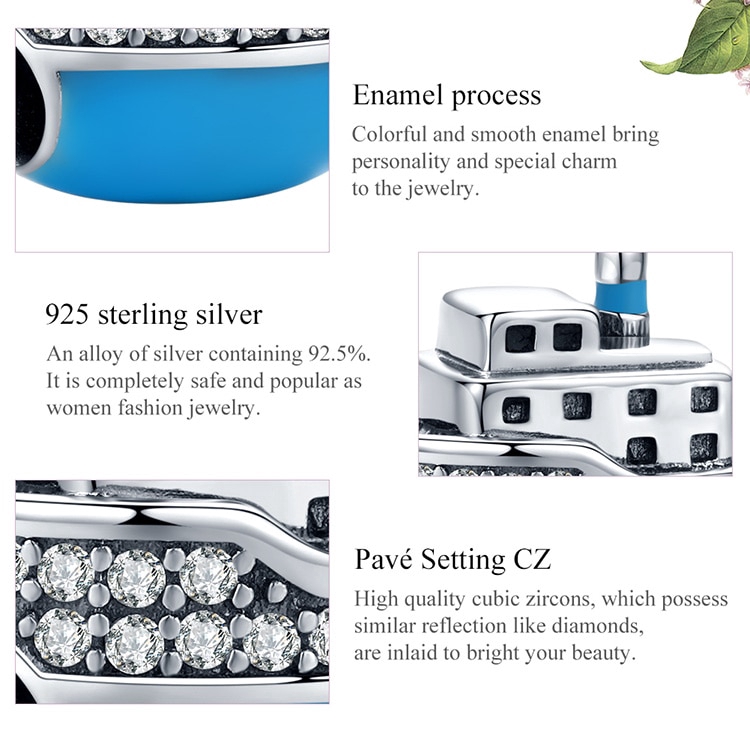 Hạt trang sức Bamoer SCC1379 bằng bạc 925 hình tàu du lịch dùng làm trang sức vòng tay thời trang 3mm