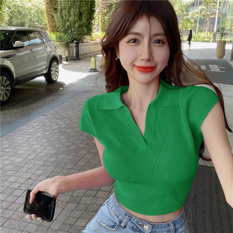 Áo len mỏng xương cá cộc tay dáng ôm croptop, Áo kiểu cổ bẻ len co giãn AL6565 - NhiNhi Shop