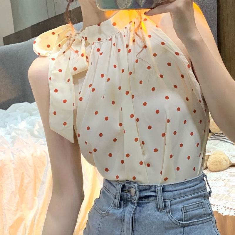 Áo Sơ Mi Sát Nách Cổ Yếm Họa Tiết Chấm Bi Thời Trang Mùa Hè Cho Nữ