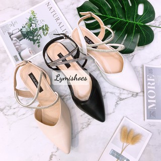 Sandal nữ cao gót 4 phân bít mũi quai ngang phối kim tuyến