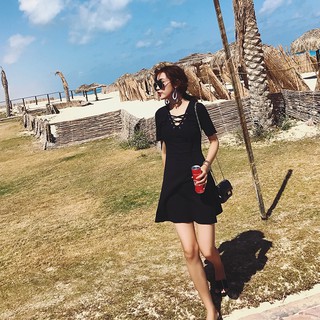 ĐẦM THUN BODY CỔ V ĐAN LƯỚI THỜI TRANG