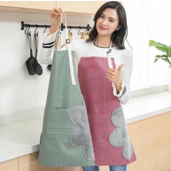 Tạp dề nấu ăn chống nước kẻ sọc kèm khăn lau tay bên hông, Tạp dề Hàn Quốc chống thấm nước có túi tiệ lợi