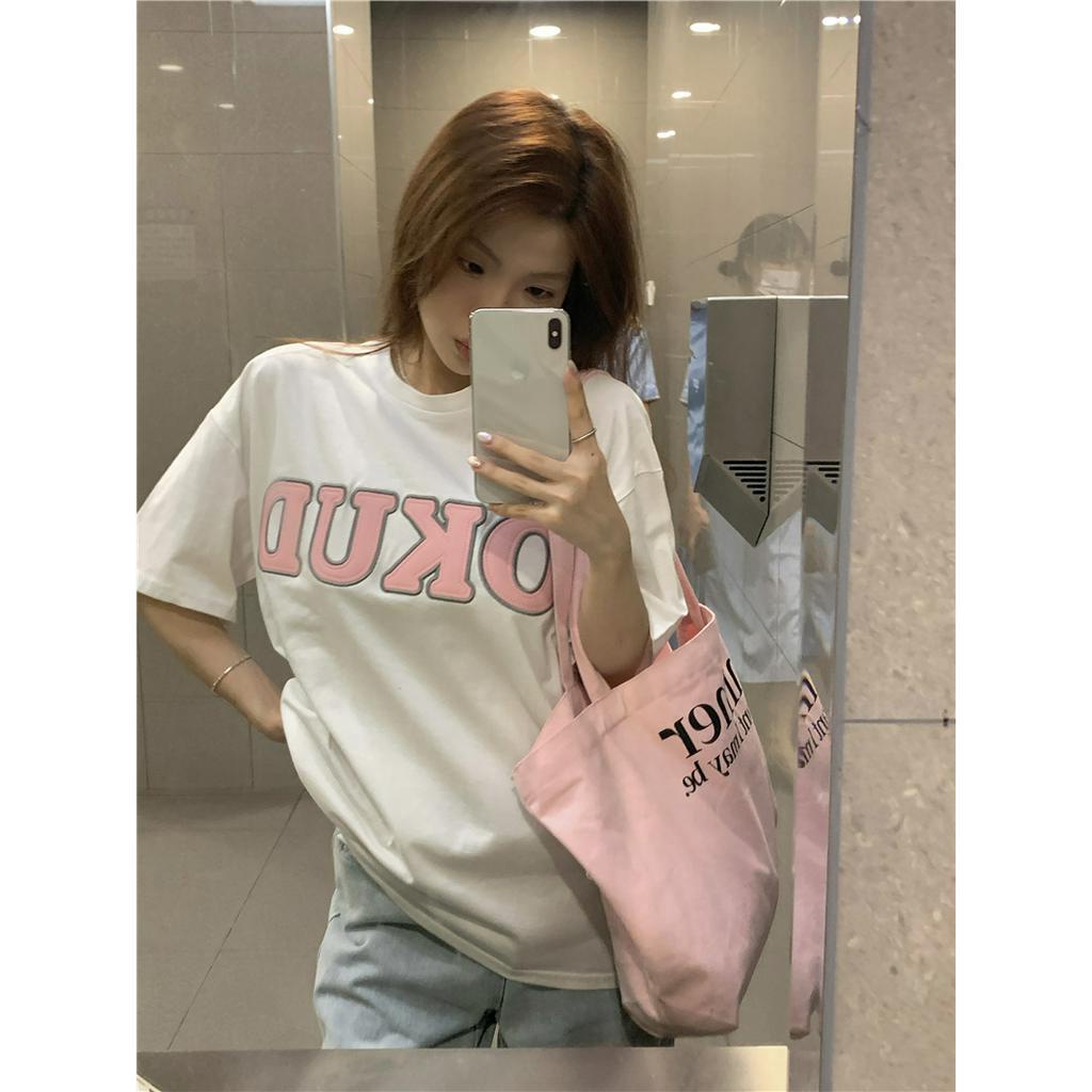 「 WELOVE1 」Áo Thun Nữ Ngắn Tay Cổ Tròn Thêu Chữ Nhiều Màu Sắc Phong Cách Hàn Quốc