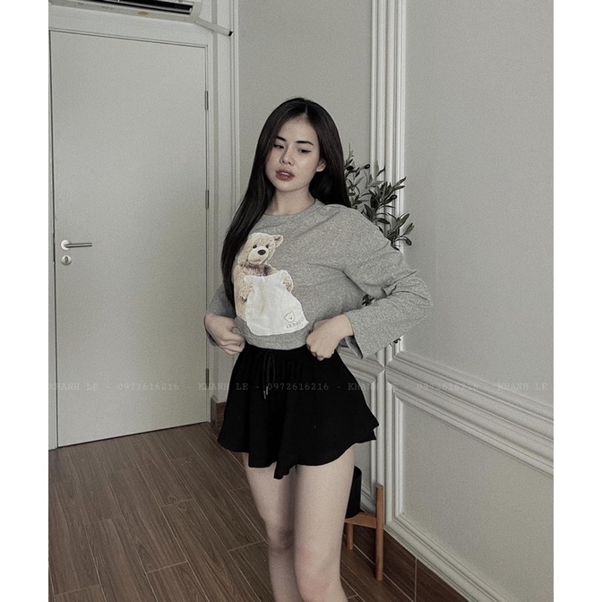 Set Bộ Áo Thun Gấu Croptop Dài Tay Quần Đùi Váy Màu Xám Áo Phông Giấy