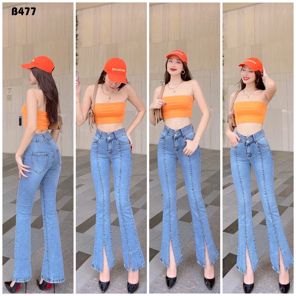 quần jean nữ loe xanh sáng xẻ gân giữa co giãn mềm mịn B477