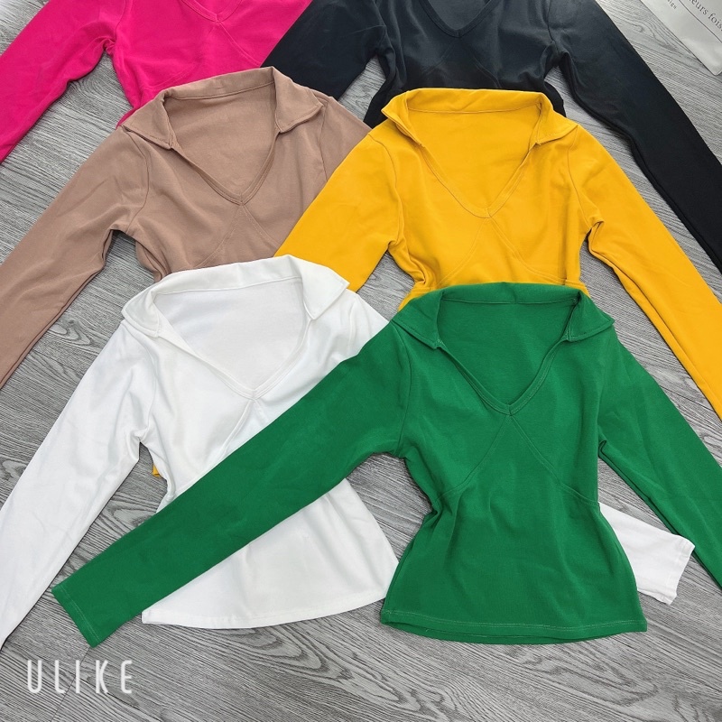 Áo thun ôm body nữ Croptop tay dài cổ V bẻ