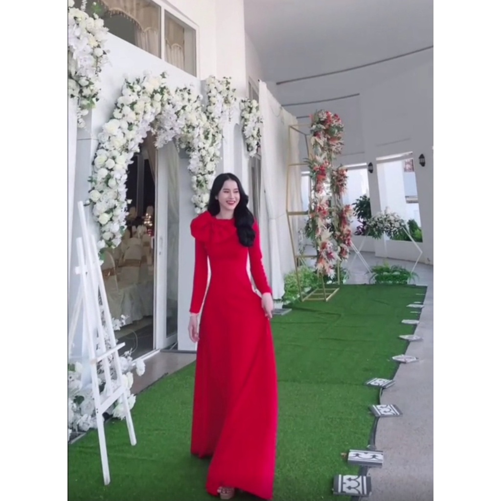 Đủ màu Áo dài màu hồng tay bồng đính nơ tạo điểm nhấn nổi bật - Áo Dài Đan Linh