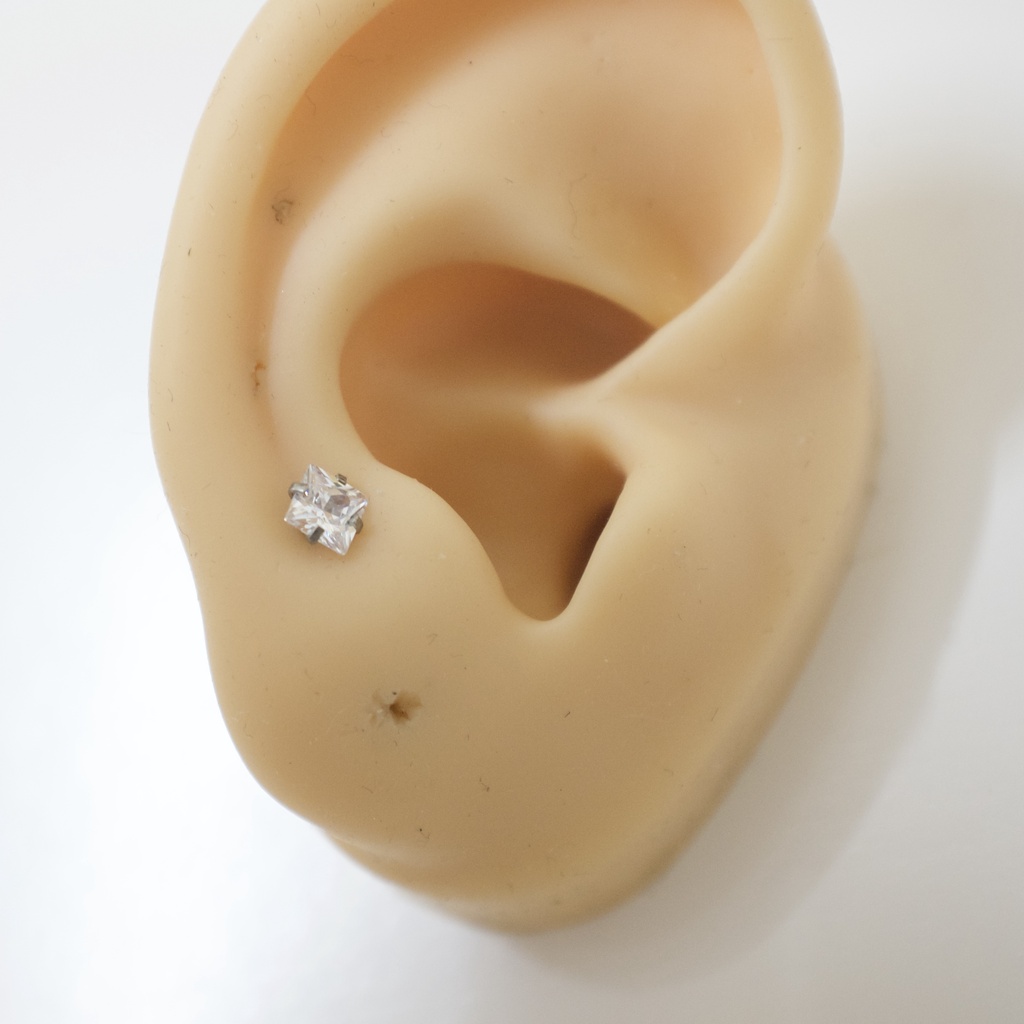 [1 Chiếc] Khuyên Tai Titan 2 Đầu Đá Vuông Unisex Màu Bạc Đuôi Bi Không Gỉ Sét Không Ngứa Bông Tai Julies Box 66