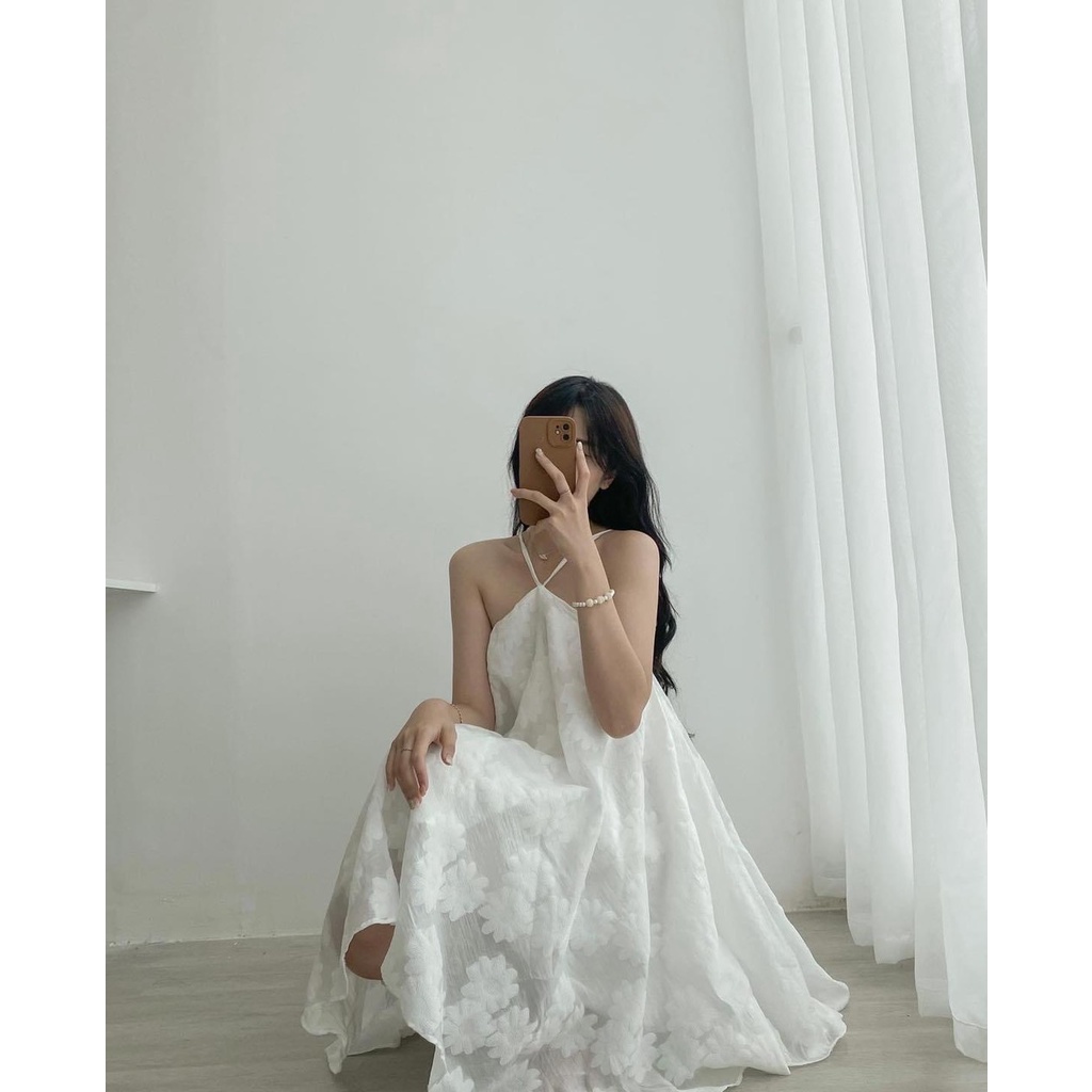 Váy kiểu nữ tiểu thư V.120, Váy midi voan cổ yếm 2 lớp nơ lưng họa tiết hoa daisy nổi ngọt ngào - Thời trang nữ Chấm Bi