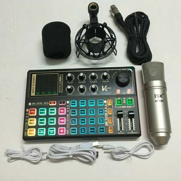 Combo hát livestream mic AT100 chính hãng + sound card k300 + kẹp mic màng lọc (tặng tai nghe)