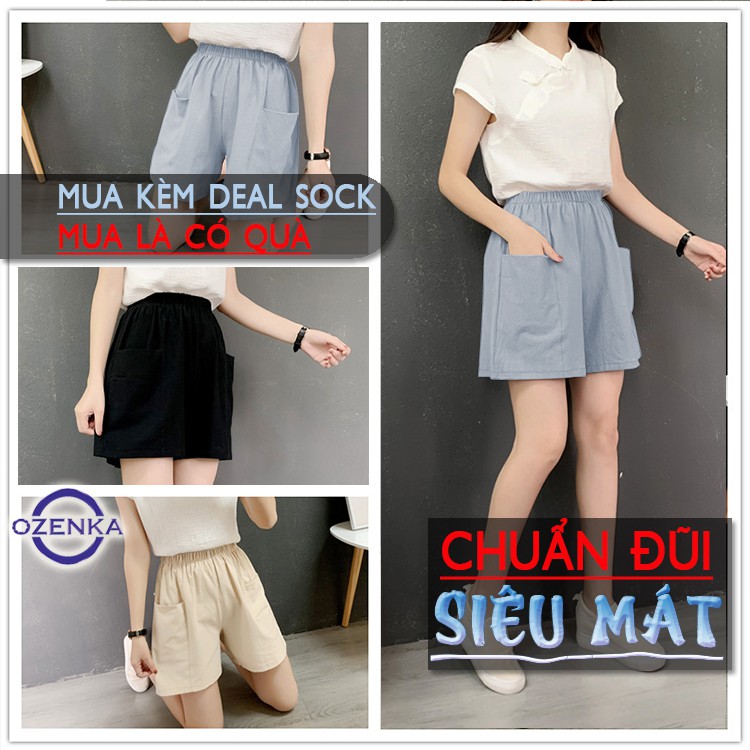 Quần short đùi nữ ống rộng mặc ở nhà OZENKA , quần cộc túi thật cạp chun chất đũi mềm mịn nhẹ mát giá rẻ màu đen trắng