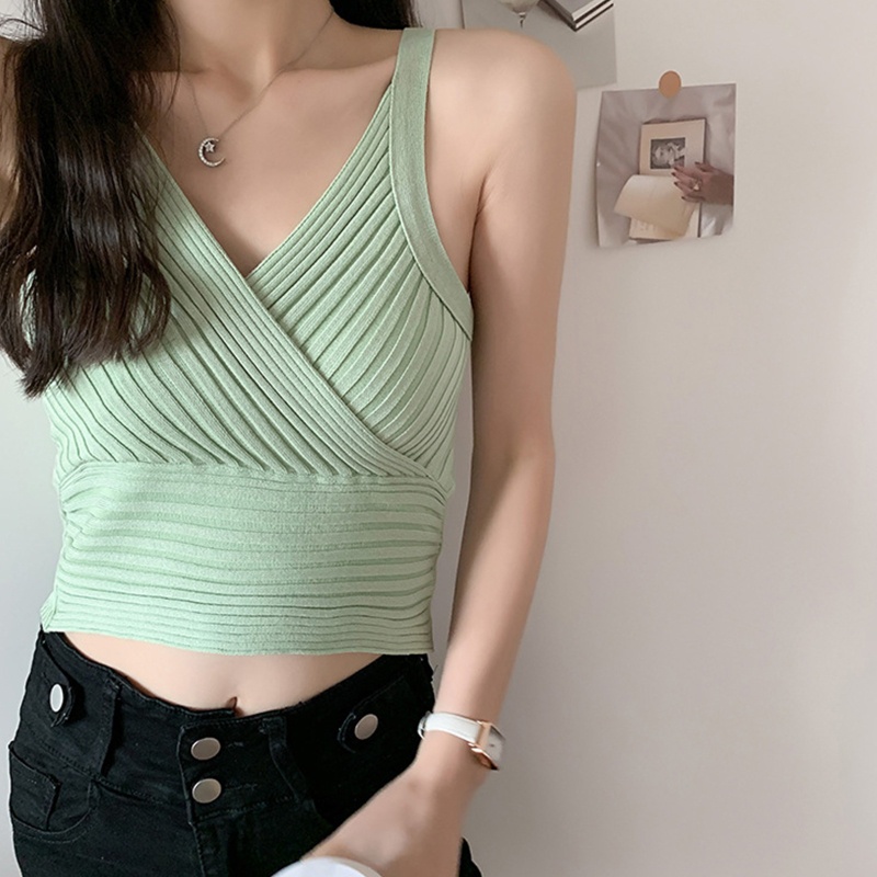 Áo Croptop Dệt Kim Không Tay Cổ Chữ V Màu Trơn Họa Tiết Kẻ Sọc Quyến Rũ Cho Nữ