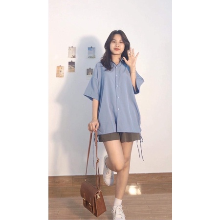 Sỉ Áo sơ mi nữ cộc tay rút dây nhiều mầu chất lụa mát rũ đẹp, thiết kế áo somi nữ phong cách