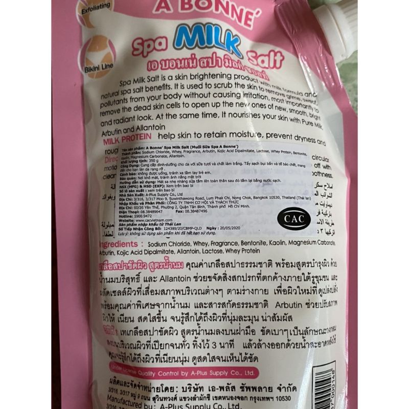 (HÀNG CÔNG TY CÓ TEM NHẬP KHẨU)MUỐI TẮM SỮA BÒ TẨY TẾ BÀO CHẾT A BONNE SPA MILK SALT CÓ VÒI 350G