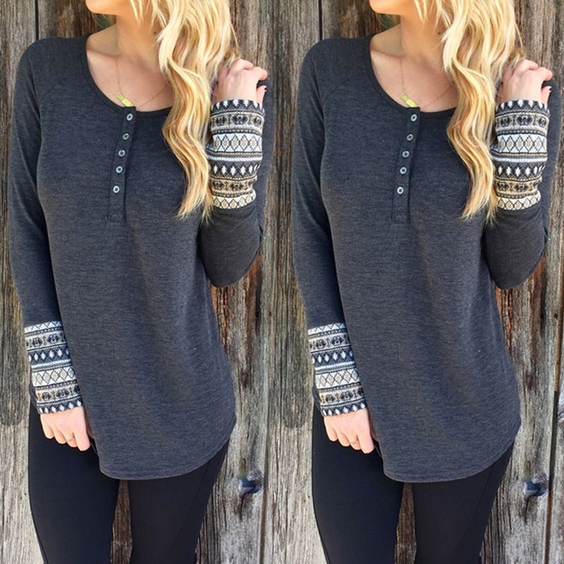 ☛☏❤Women Round Neck Button Down Long Sleeve Loose Knit Sweater Jumper Top Grey