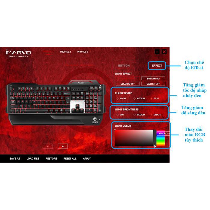 Bàn Phím Cơ MARVO KG-929 Led RGB -Tích hợp 12 phím cơ Blue Switch- Thiết kế chắc chắn dành cho game thủ