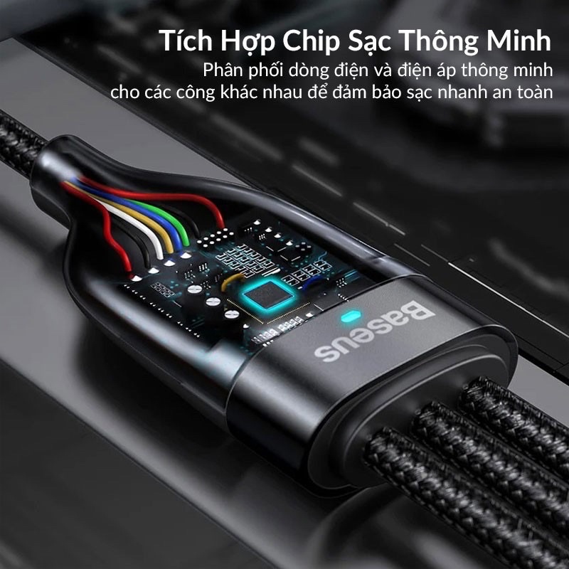 Cáp sạc nhanh 3 đầu Baseus Flash Series 3in1 Plus (USB+ Type C to Micro+Lightning + Type C, 100W Quick Charge and Data)