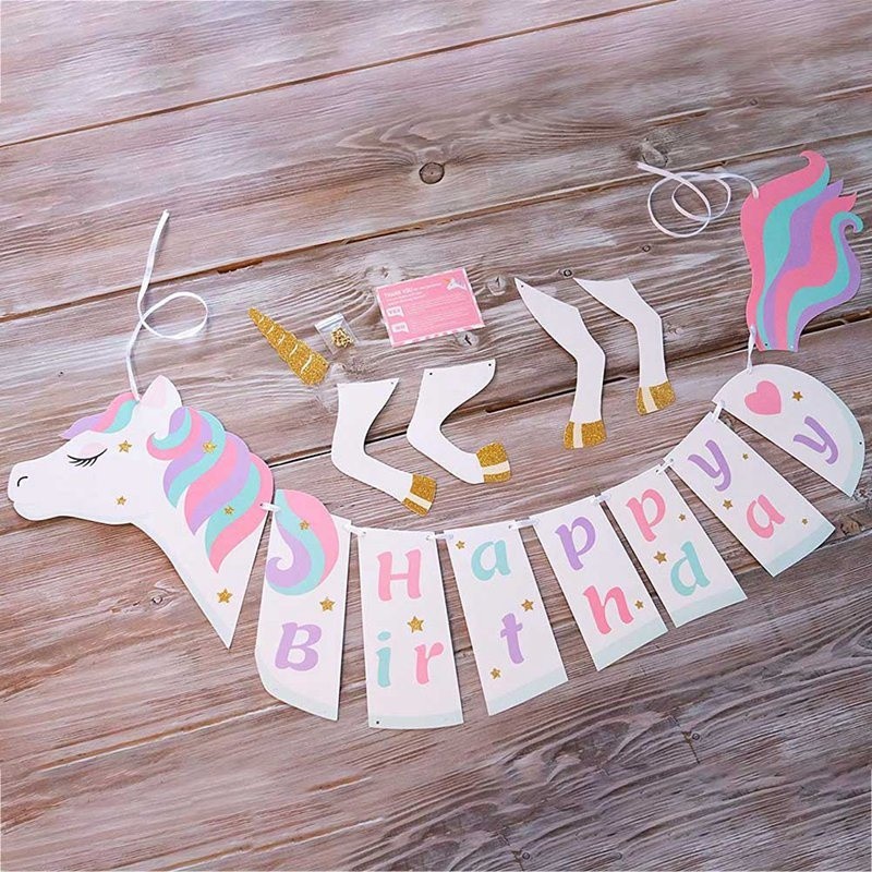 1 bộ banner trang trí tiệc sinh nhật hình kỳ lân và chữ Happy Birthday