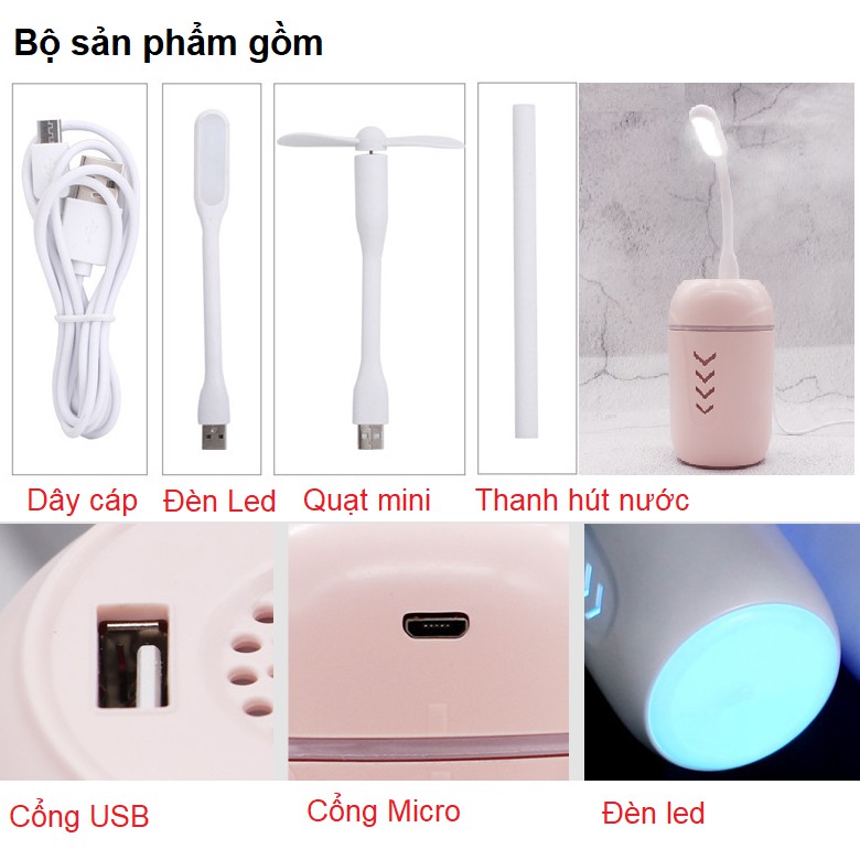 Máy tạo độ ẩm phun sương mini Buib HUMIDIFIER Khuếch Tán Tinh Dầu Có Đèn LED và quạt gió mini