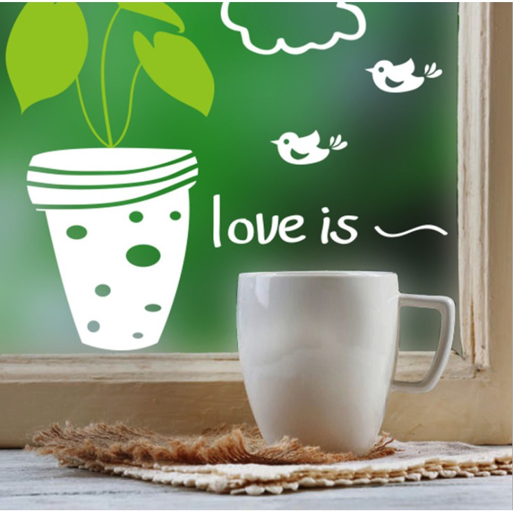 Decal trang trí tường - Nhiều chậu họa tiết trắng chữ love is
