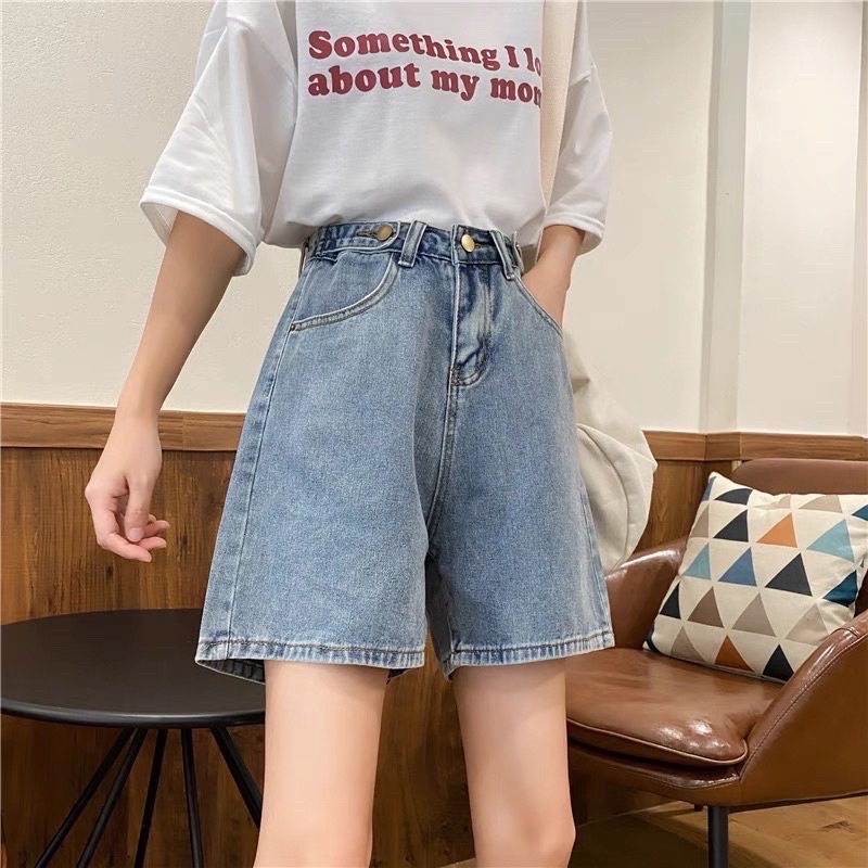Quần Short Jeans Nữ Ống Rộng Ngố Bò Nút Hông có cúc eo, chất bò mềm mịn