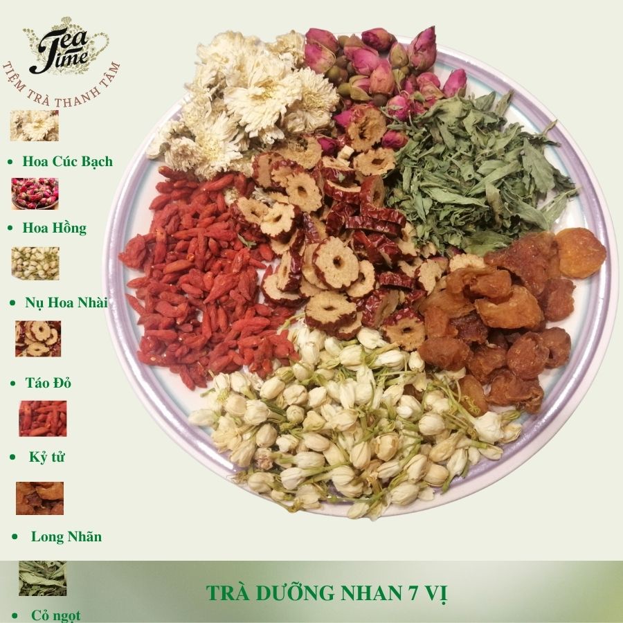 Trà Dưỡng Nhan 7 Vị (Hoa Cúc; Nụ Hoa Hồng; Long Nhãn; Kỷ Tử; Táo Đỏ, Cỏ ngọt, Hoa nhài)