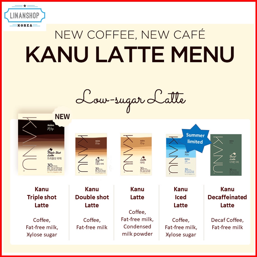 Cà phê hòa tan uống liền dạng thanh MAXIM KANU dòng Latte vị cà phê gấp đôi Decaf Tiramisu Vani Dolce Sô-cô-la bạc hà