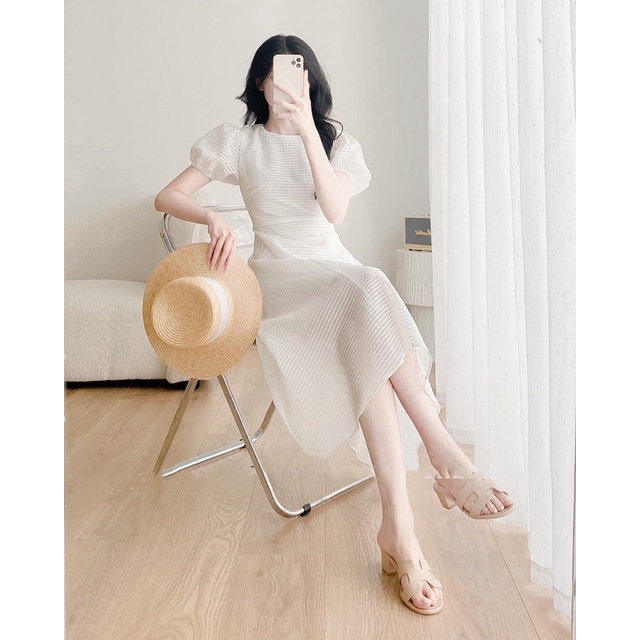ĐẦM MIDI CỔ TRÒN TAY BỒNG