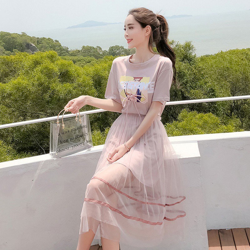 Đầm tay ngắn in hình trẻ trung + chân váy lưới thời trang mùa hè cho nữ | BigBuy360 - bigbuy360.vn
