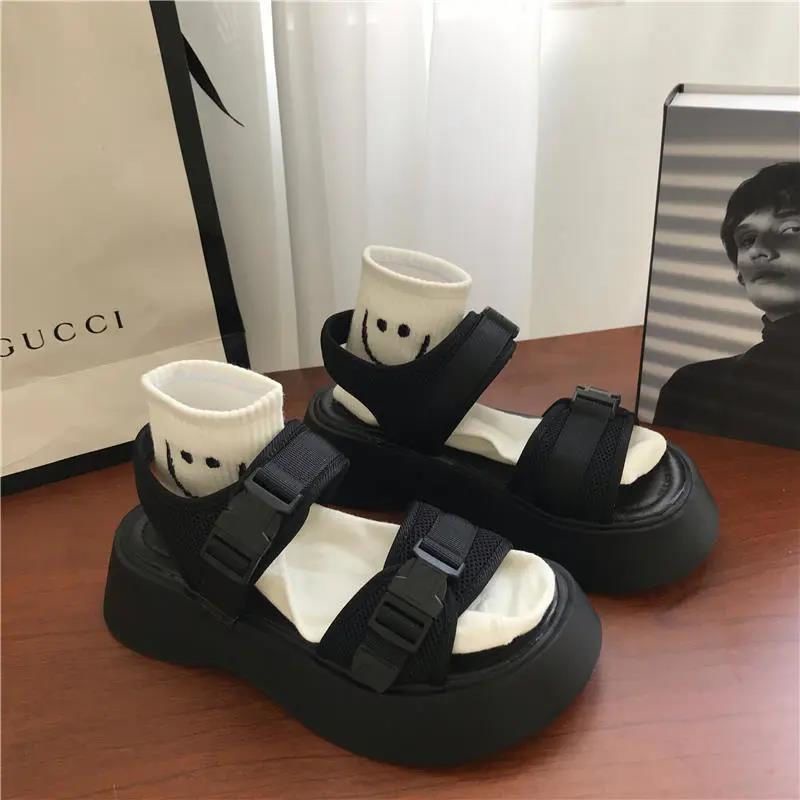 Jiashucheng Giày Sandal Đế Xuồng Dày Màu Đen Phong Cách Harajuku Anh Quốc Dễ Phối Đồ Thời Trang Mùa Hè Cho Nữ