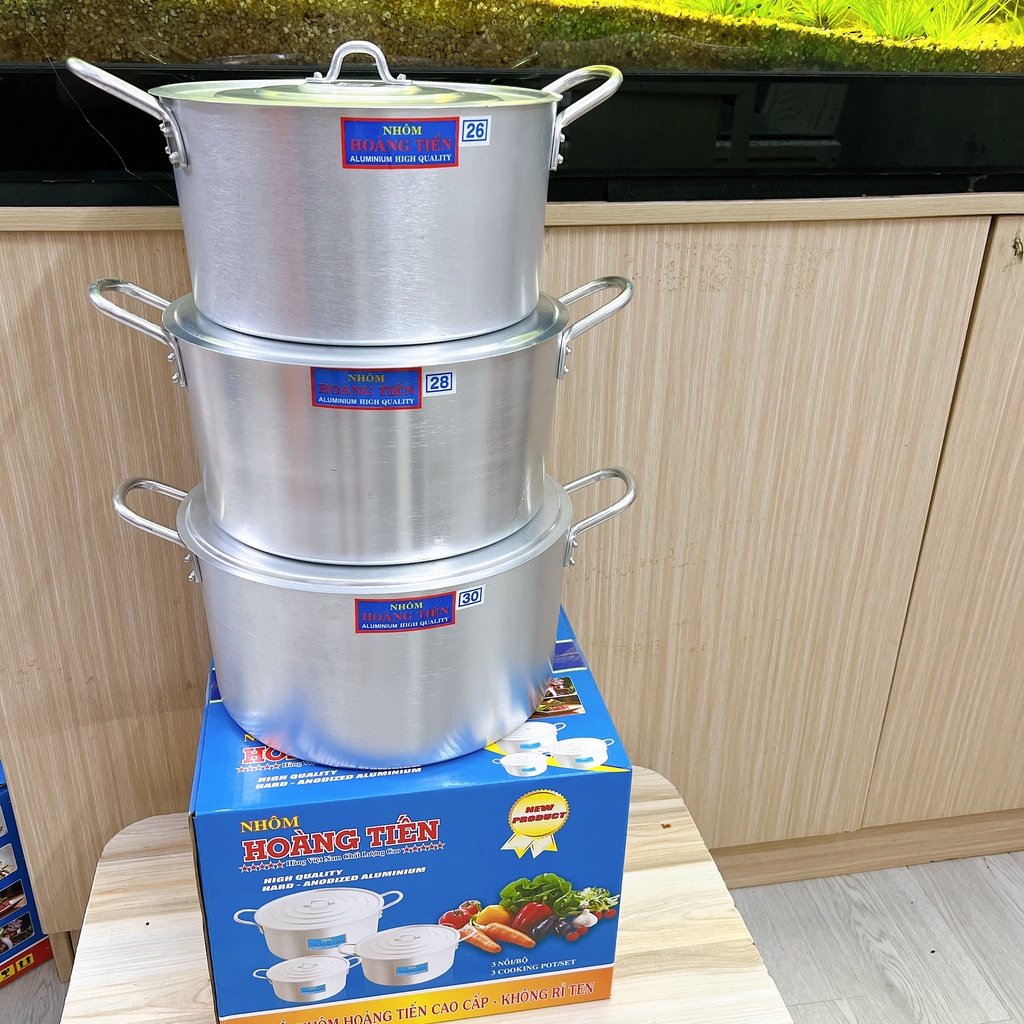 Nồi nhôm xi kèm nắp HOÀNG TIẾN - BỘ 3 NỒI SIZE 26 - 28 -30 CM dùng để nấu thức ăn , nấu canh tiện dụng