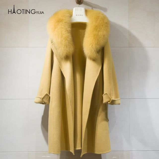 Áo khoác/choàng dạ cashmere dày mịn cổ lông thú ulzzang dáng dài sang chảnh hàng cao cấp