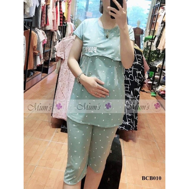 ĐỒ BỘ BẦU VÀ SAU SINH FREESHIPCotton co giãn quần lửng áo cộc có vạt hớt lên tiện bé ti