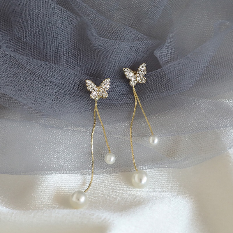 Hoa Tai Dáng Dài Hình Bướm Đính Ngọc Trai Phong Cách Retro 2023