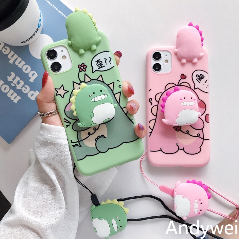 Ốp điện thoại hoạt hình khủng long 3D đáng yêu có dây đeo dành cho Iphone 6s 6plus 7 8plus XS XR XSmax 11 pro Max SE