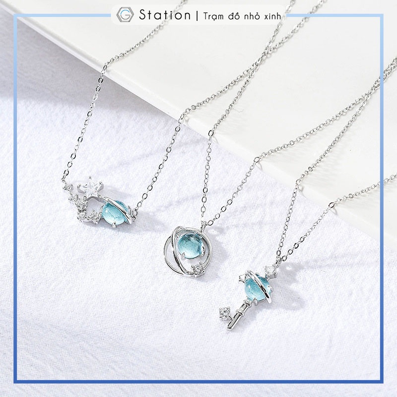 Dây chuyền hành tinh đá Aurora xanh ngọc ánh bạc + tặng kèm vỏ sò đựng dây - dùng làm quà tặng siêu xinh - PK024