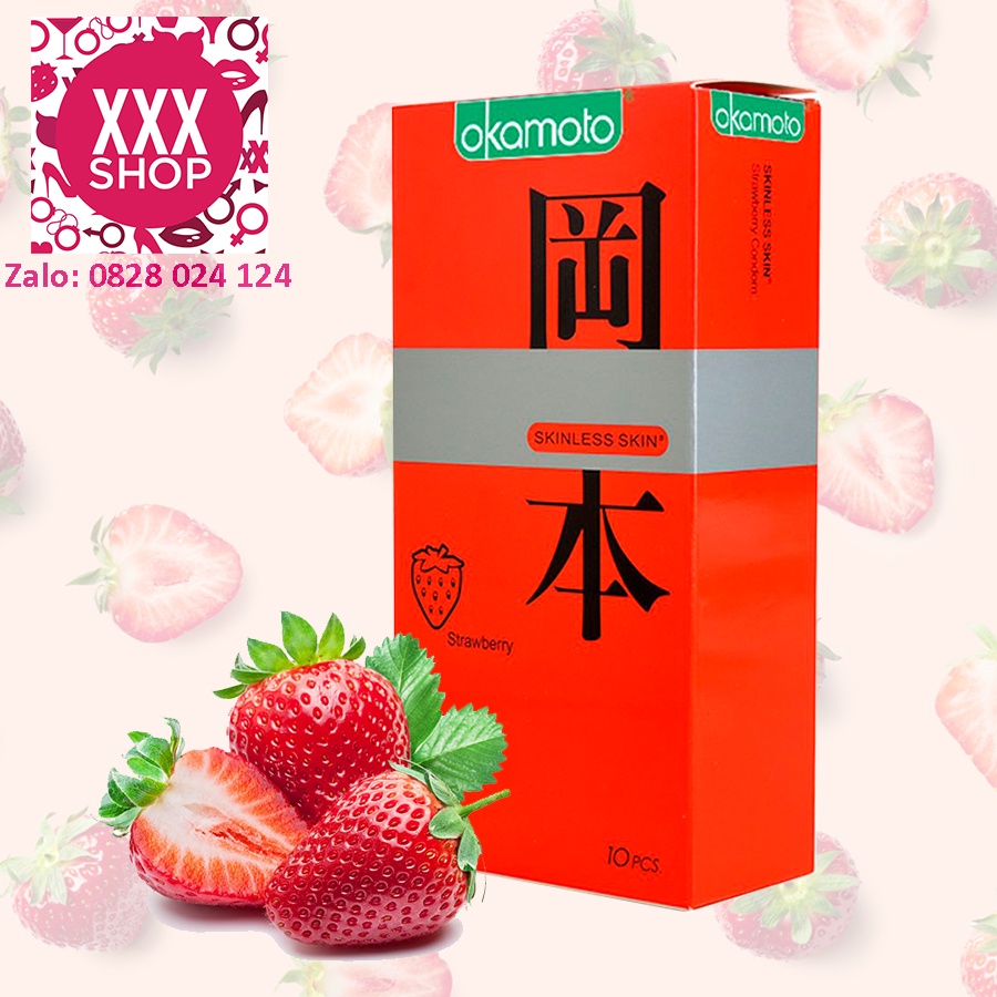 [Chính Hãng] Bao cao su Okamoto Skinless Skin Strawberry hương dâu lôi cuốn - Hộp 10 cái