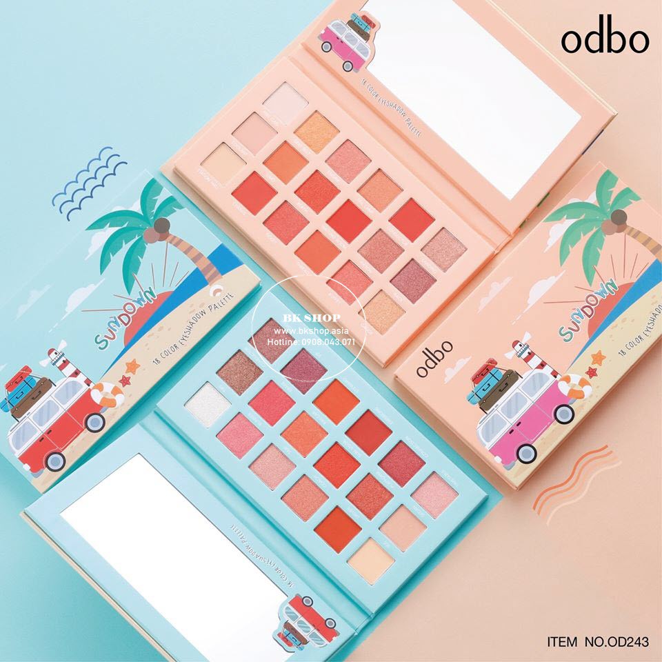 [ An Toàn ] Bảng Phấn Mắt Odbo Sundown OD243 Gồm 18 Ô Màu Lì và Ánh Nhũ