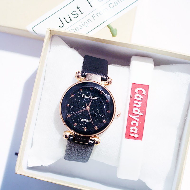 Đồng hồ nữ Candycat9 dây da cao cấp mặt tròn bầu trời đầy sao | BigBuy360 - bigbuy360.vn