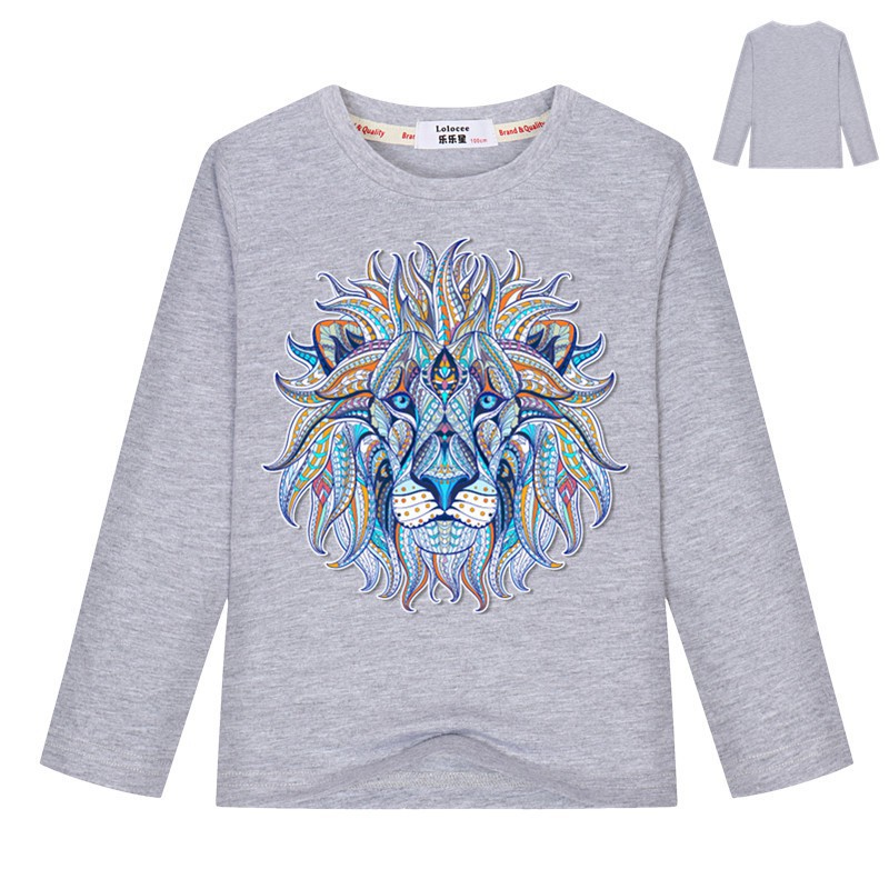 Trẻ em 3D đầy màu sắc Lion Lion Face in áo thun cotton dài tay áo tee