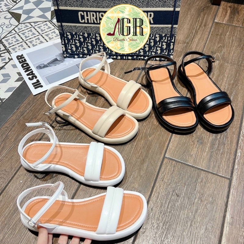 Sandal quai ngang phồng viền lót nâu cao 2cm