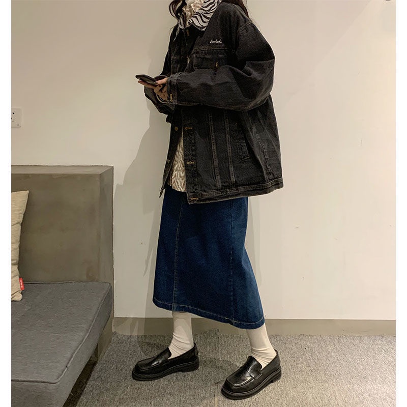 Áo Khoác Denim Dáng Rộng Họa Tiết Da Báo Phong Cách Retro Hong Kong Cho Nữ