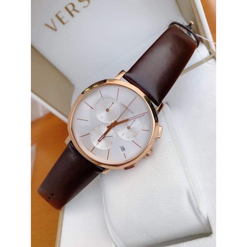 Đồng hồ nam Calvin Klein Thụy Sĩ tone vàng hồng dây da nâu cực sang và mạnh mẽ